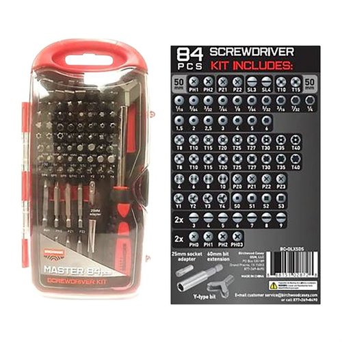 The Birchwood Casey 84PC Master Screwdriver Set offers a comprehensive range of bits including Slotted, Philips, Torx, and more, all housed in a durable case.