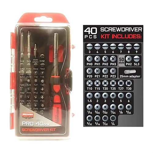 The Birchwood Casey Pro Screwdriver Set features 40 pieces, including Slotted, Philips, Pozidriv, Torx, and Hex sizes, perfect for all your gunsmithing needs.