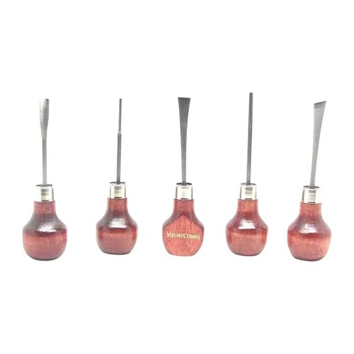 The U.J. Ramelson 5 Piece Basic Palm Woodcarving Set features high-quality W-1 Tool Steel blades, hardwood handles, and is ready to carve for precision woodworking.