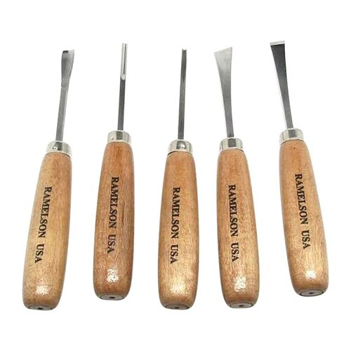 The U.J. Ramelson 5 Piece Woodcarving Set features high-quality W-1 Tool Steel blades, ideal for precision carving with a comfortable White Birch handle.