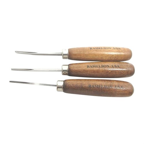 The U.J. Ramelson Veiner Set includes 3 precision tools with hardwood handles, perfect for restoring gun stock lines and designs with Rockwell hardness 60-62.