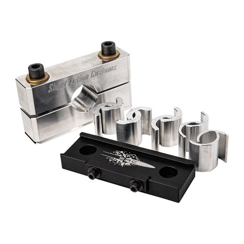 The Bravo Barrel Vise Kit offers a robust 7075 Aluminum construction, simple 2-bolt design, and 5 bushings for secure clamping without marks, plus a lifetime warranty.
