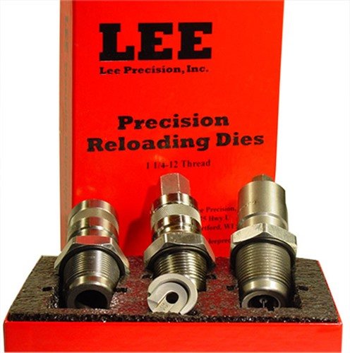 The Lee Large Series 3-Dye Set for 577/450 MH offers essential tools including Full Length Sizing Die, Bullet Seating Die, and Factory Crimp Die for precision reloading.