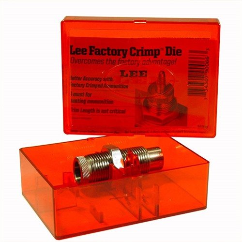 The LEE Precision Carbide Factory Crimp Die sizes and crimps cartridges for reliable chambering, with quick adjustments and no need for case lube.