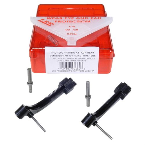 The Lee Primer Attachment allows easy conversion to different primer sizes for the Pro 1000 Press, featuring large and small troughs, primer pins, and springs.