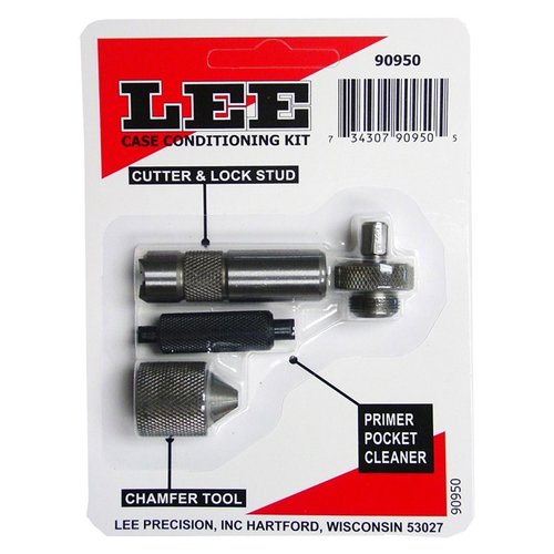 The Lee Case Conditioning Kit includes a cutter, chamfer tool, and primer pocket cleaner for efficient brass prep, suitable for all primer pocket sizes.
