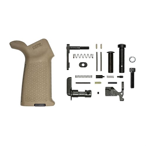 The Aero Precision M4E1 Lower Parts Kit features a Magpul MOE Grip, essential components for assembly, and is perfect for upgrading your AR-15 without FCG parts.