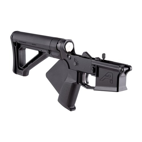 The Aero Precision M4E1 Featureless Complete Lower offers a Strike Industries Featureless Grip, Magpul Fixed Stock, and conforms to California DOJ criteria for compliance.