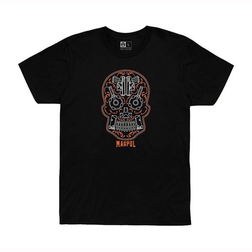 Experience comfort and durability with the Magpul Sugar Skull Blend T-Shirt, featuring a tag-less neck label, double-needle stitching, and a stylish crew neck design.