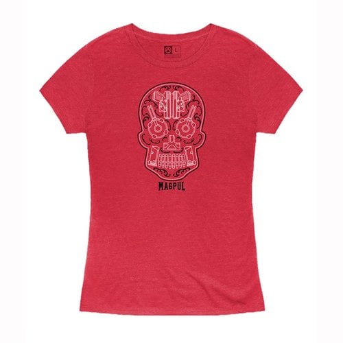 Discover the Magpul Women's Sugar Skull T-Shirt, crafted from a soft cotton-polyester blend for comfort, featuring durable double-needle stitching and a stylish design.