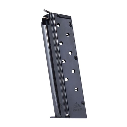Mec-Gar's 9-Rd blued magazine for Full Size 1911s features a heat treated carbon steel tube, durable metal welded floorplate, and reliable performance.