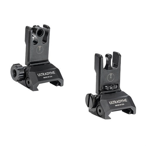 The Ultradyne C2 Folding Front and Rear Sight Combo features tool-less adjustments, durable materials, and a dual aperture system for quick target acquisition.