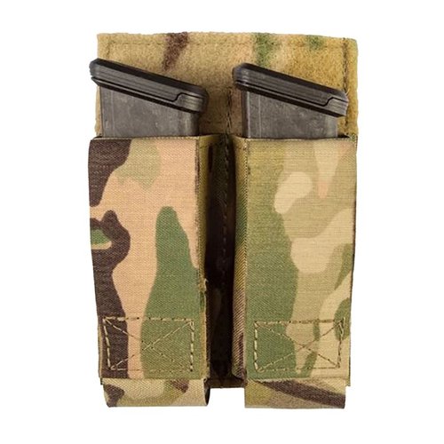The Grey Ghost Gear Double Pistol Magazine Pouch holds 2 magazines securely with rare-earth magnets, durable laminate nylon, and attaches easily to MOLLE webbing.
