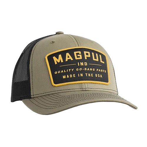 The Magpul Go Bang Trucker Hat features a structured mid-crown design, breathable mesh back, and adjustable snap closure for ultimate comfort and durability.