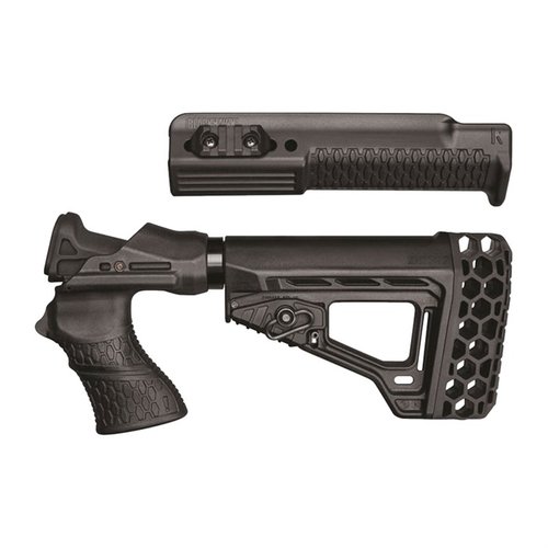 The Blackhawk Knoxx SpecOps Gen III Stock for Mossberg 500 features adjustable length-of-pull, ergonomic grip, and reduced recoil for enhanced shooting comfort.