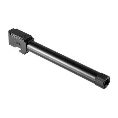 Upgrade your Glock® 34 with Silencerco's 416R stainless steel threaded barrel, featuring 1/2x28 threads, available in black nitride or natural finish, includes thread protector.