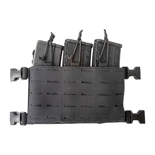 The BLACKHAWK Foundation Series Kangaroo MOLLE Placard features a lightweight design, durable laminate material, and includes a 5.56 triple magazine insert for secure storage.