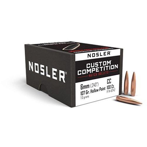 Experience unmatched accuracy with Nosler Custom Competition 6mm HPBT bullets, featuring a hollow point for reduced drag and a boat-tail design for superior flight.