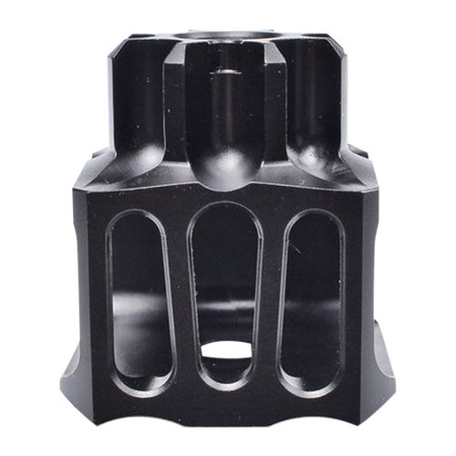 The JMAC Customs Loud And Flashy Muzzle Brake enhances sound and flash while reducing recoil and muzzle rise, perfect for barrels 7.65