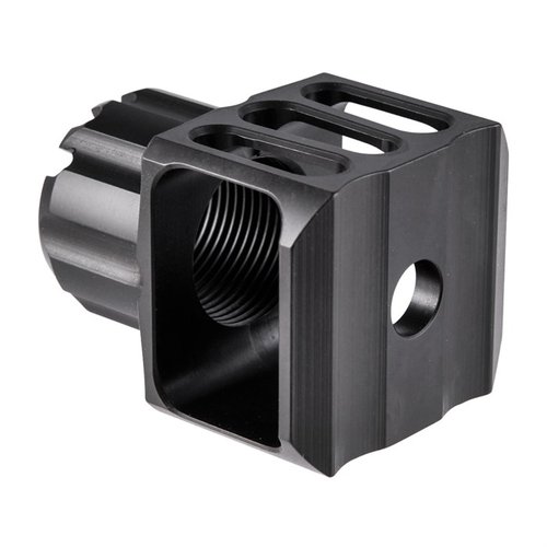 The JMAC Customs Loud And Flashy Muzzle Brake enhances sound and flash while reducing recoil and muzzle rise, featuring 24-1.5RH threads and durable 17-4ph stainless.