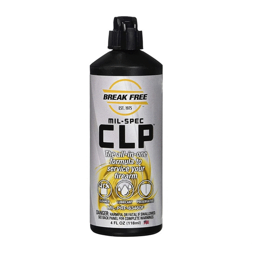 Break-Free CLP in a 4 oz. squeeze bottle offers exceptional cleaning, lubrication, and protection for firearms, ensuring optimal performance and longevity.