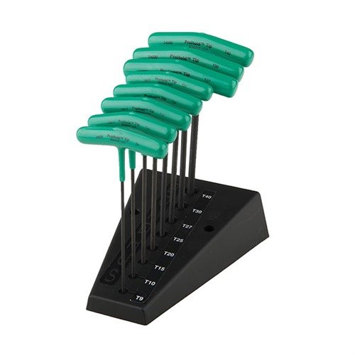 The BONDHUS PROHOLD STAR TIP T-HANDLE 8-PIECE SET securely holds all Star and TORX screws with a non-magnetic button and a durable welded handle/blade connection.