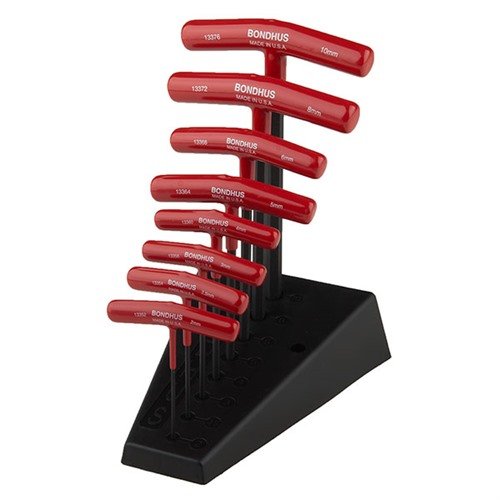 The BONDHUS T-Handle Hex Tool Set features solid steel handles, an ergonomic design, and a flywheel effect for efficiency, with 8 metric sizes for versatile use.