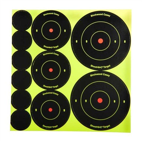 SHOOT-N-C® targets make hits visible with fluorescent halos, featuring peel-n-stick adhesive, multiple bullseye sizes, and reflective options for laser sights.