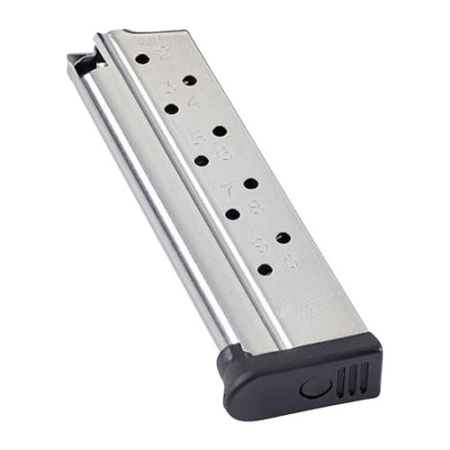 The CHIP MCCORMICK 1911 Range Pro Magazine features a durable stainless steel body, 10-round capacity, anti-tilt follower, and easy-to-clean baseplates for reliability.