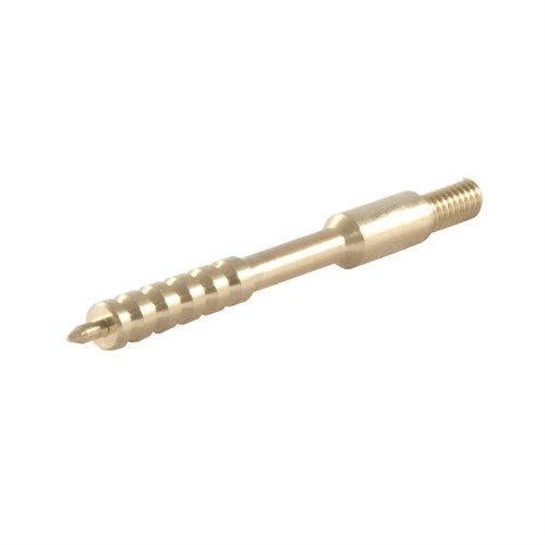 The Dewey Brass Jags, 22JM for .22 caliber, feature an extra-long design with ribbed segments for superior patch contact, fitting various rods for effective cleaning.