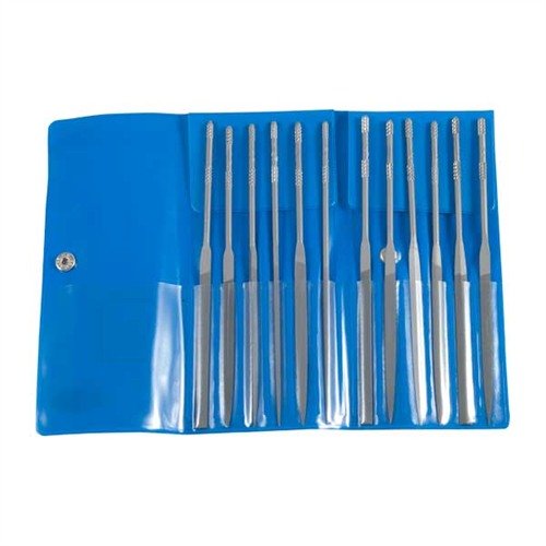The FRIEDR. DICK GMBH Professional Gunsmith Needle File Set features 12 precision files, knurled handles for grip, and a durable storage roll for easy access.