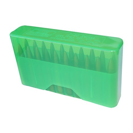 The MTM Slip Top Rifle Ammo Box securely holds 20 rounds of 17 Rem-351 WSL ammo, measuring 2.35