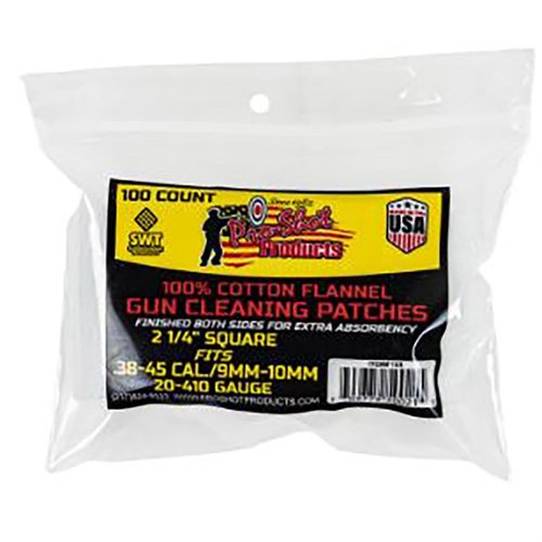.38-.45 CAL./20-.410GA. 100CT. PATCHES from PRO SHOT PRODUCTS, INC offer superior cleaning performance for your firearms, ensuring reliability and accuracy.