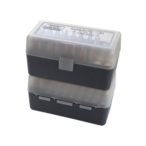 The CHADWICK & TREFETHEN Ammo Box holds 50 rounds with a convenient flip-top design, perfect for 223, 204 Ruger, and 6x47 cartridges, ensuring easy access and storage.