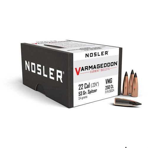 Experience high velocities and exceptional terminal performance with Nosler's Varmageddon 22 Cal Tipped Bullets, offering accuracy and reliable expansion on varmints.