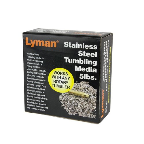Achieve a superior clean with LYMAN's Rotary Case Stainless Steel Media 5lbs, designed for effective tumbling of brass cases, ensuring pristine reloading performance.