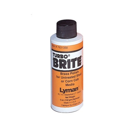 Lyman Turbo Brite Brass Polish 5oz effectively cleans and polishes brass cases, enhancing their appearance and ensuring optimal performance for reloading enthusiasts.