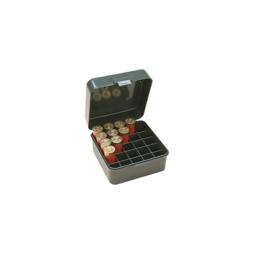 The MTM Shotshell Box holds 25 rounds of 12 or 20 gauge shells up to 3in, featuring a durable flip-top design for easy access and secure storage.