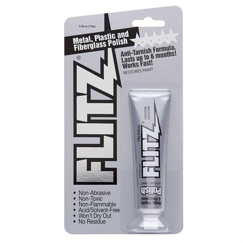 Flitz Polish is a non-abrasive formula that removes tarnish and surface rust from blued finishes, leaving a protective film and high luster on various materials.