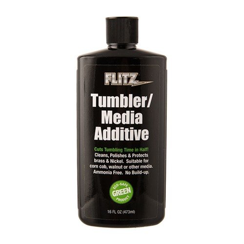 Flitz Tumbler Media Additive cuts tumbling time in half, removes tarnish and contaminants, and leaves metals shiny without harming brass or primers.