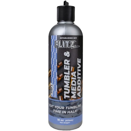Flitz Tumbler Media Additive cuts tumbling time in half, removes tarnish and contaminants, and leaves metals shiny without harming brass or primers.