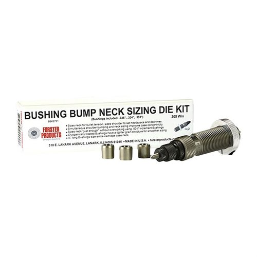 Achieve precise neck tension control with Forster's Bushing Bump Neck Die Kit, featuring a hand-polished die and three custom bushings for optimal performance.