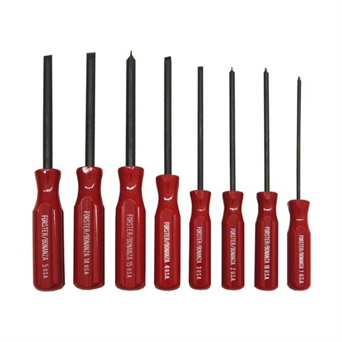 Forster Gunsmith Screwdrivers feature hardened steel blades, parallel ground tips for optimal torque, and ergonomic handles for comfort, ensuring precision in firearm maintenance.