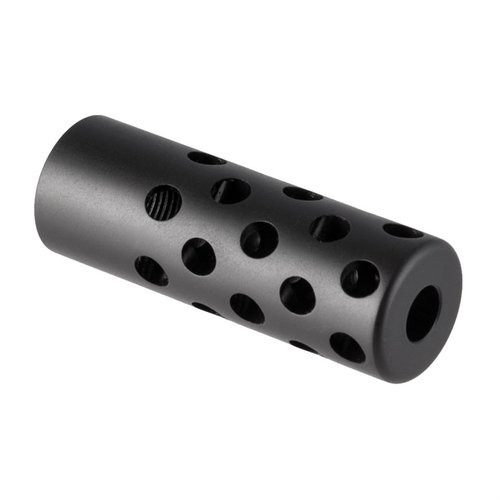 The Gentry Custom Quiet Muzzle Brake 6.5 caliber effectively reduces recoil and muzzle jump, available in matte blue or polished finishes, 5/8-24 thread.