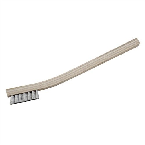 The Brownells Gunsmith Carding Brush features a compact head for precise control, soft stainless steel bristles that won't damage finishes, and a durable hardwood handle.
