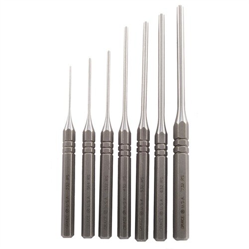 The Grace USA Steel Roll Pin Punch Set features heat-hardened carbon steel construction, knurled handles for grip, and seven precision sizes for efficient roll pin tasks.