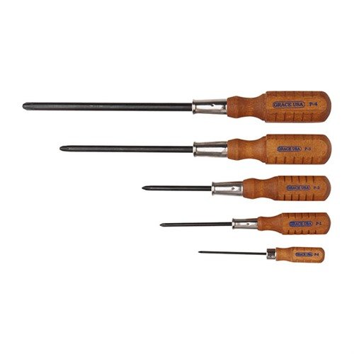 The Grace USA 5-Piece Phillips Screwdriver Set features durable chromium-vanadium tips, ergonomic hardwood handles, and nickel-plated ferrules for precision and comfort.