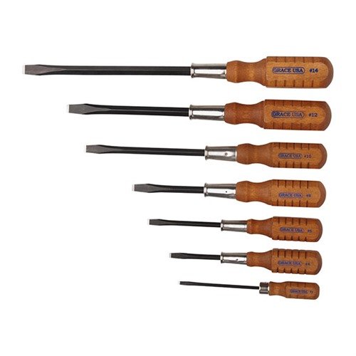 The GRACE USA 7 Piece Wood Screwdriver Set features precision hollowground blades, durable hardwood handles, and nickel-plated steel ferrules for optimal performance.