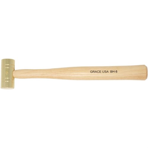 The Grace USA Gunsmith's Brass Hammer features solid brass heads for non-marring performance, ergonomic hickory handles for comfort, and precision balance for controlled strikes.