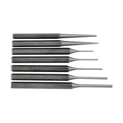 The GRACE USA 7 Pc Steel Punch Set offers precision, durability, and stability with hex stock design, reverse taper, and a vinyl pouch for safe storage.